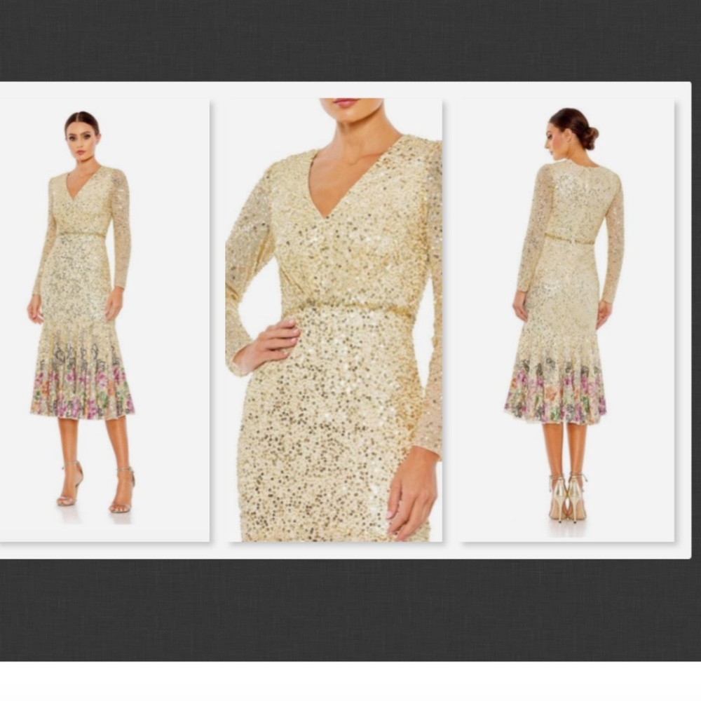 Mac Duggal Faux Wrap Long Sleeve Tea Length Dress in Gold Multi Size 14